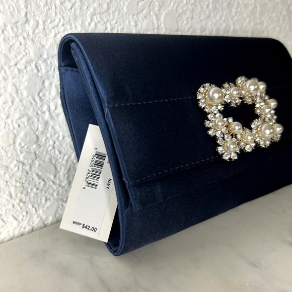 Jessica McClintock Navy Satin Evening Bag Womens NWT Rhinestone Pearl Chain - Picture 4 of 8